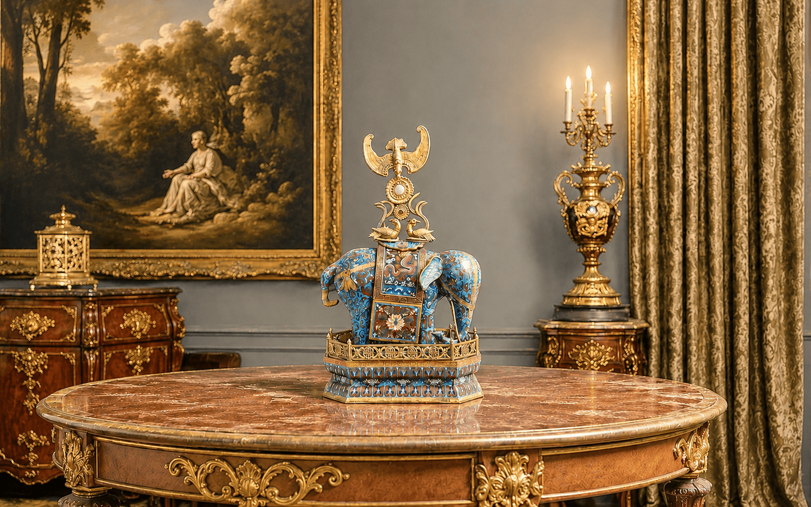Cloisonné elephant on a gilt marble table in the gallery
