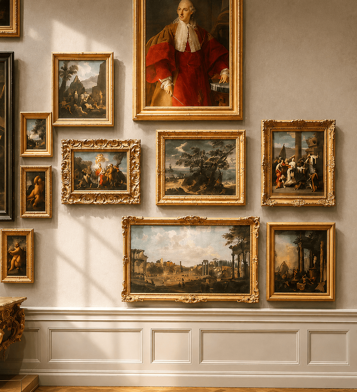 Salon wall of gilt-framed paintings at Alexander's Antiques