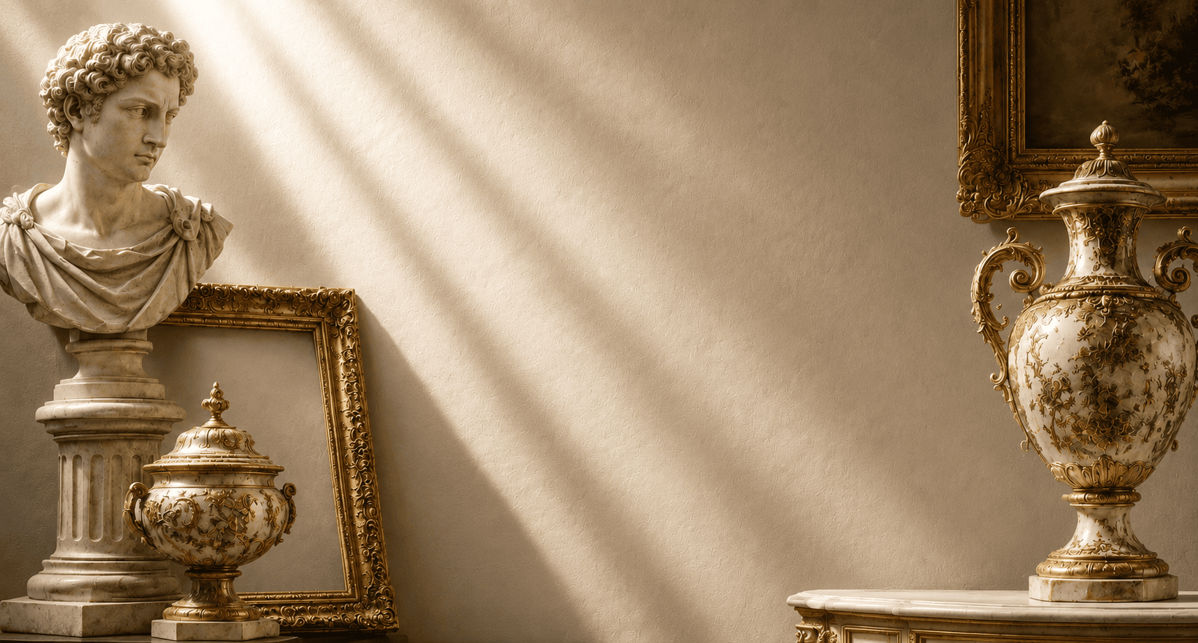 Classical sculptures and framed works in the gallery salon